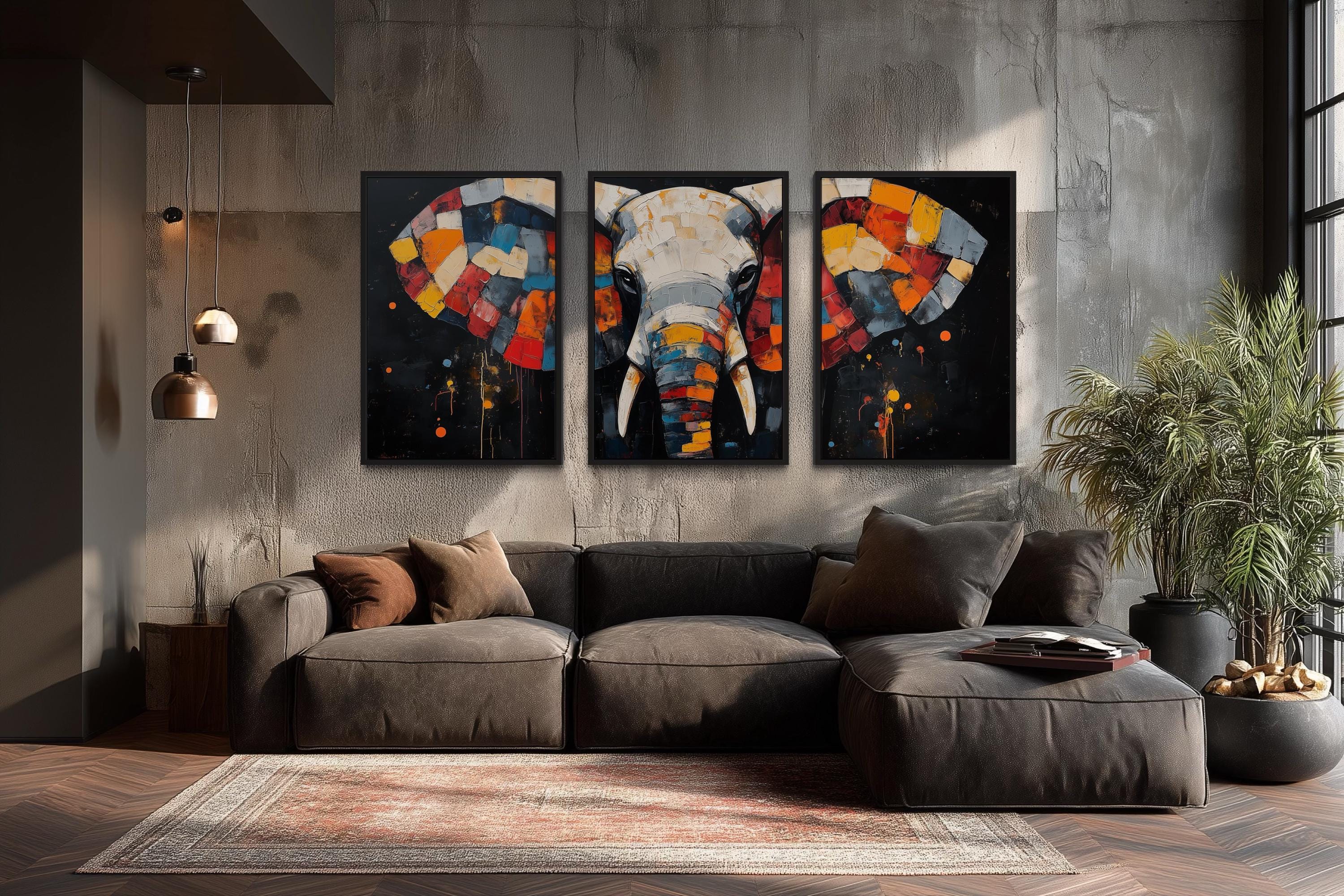 Modern Abstract Colorful  Elephant Wall Art Set of 3