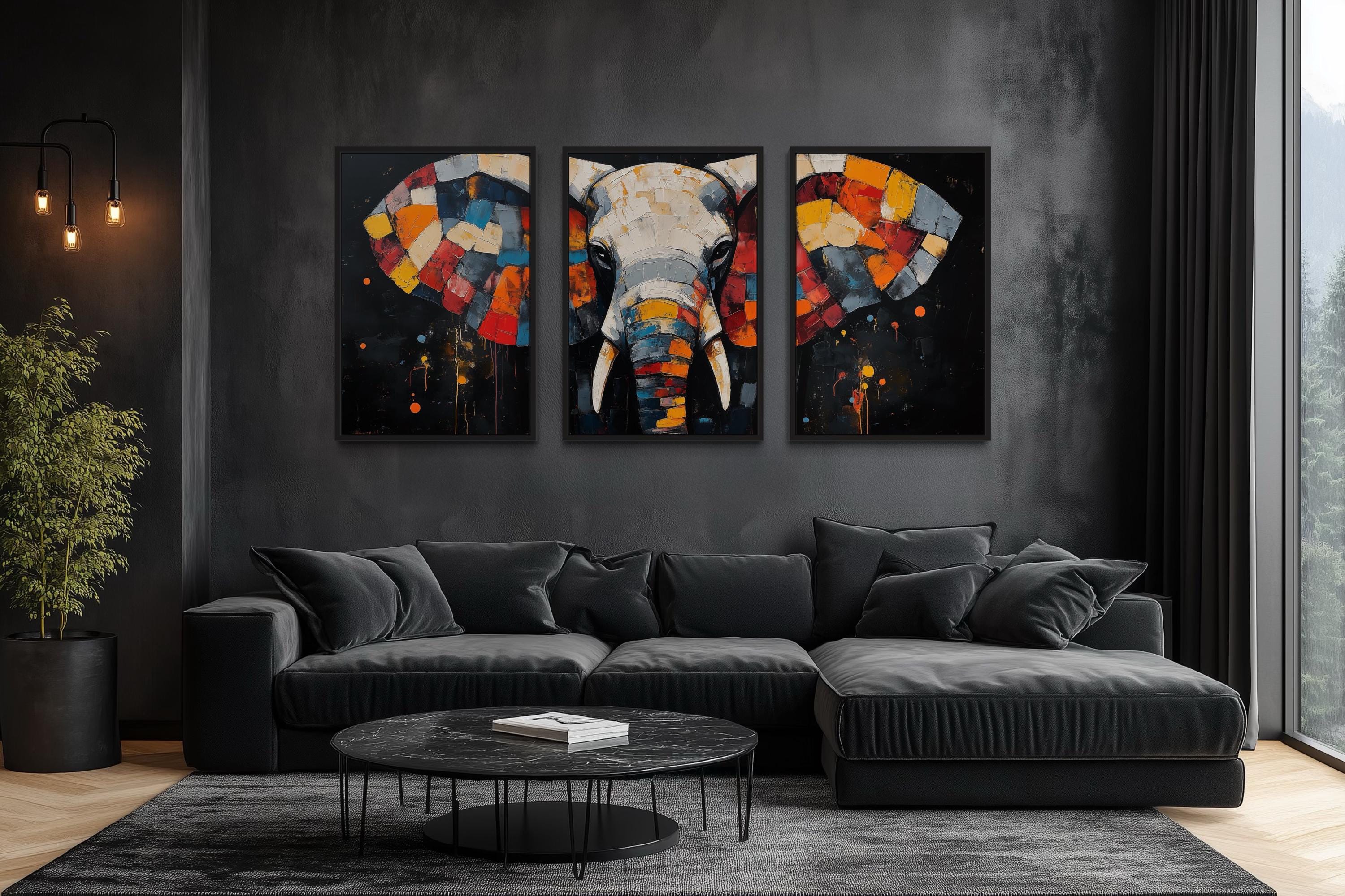 Modern Abstract Colorful  Elephant Wall Art Set of 3