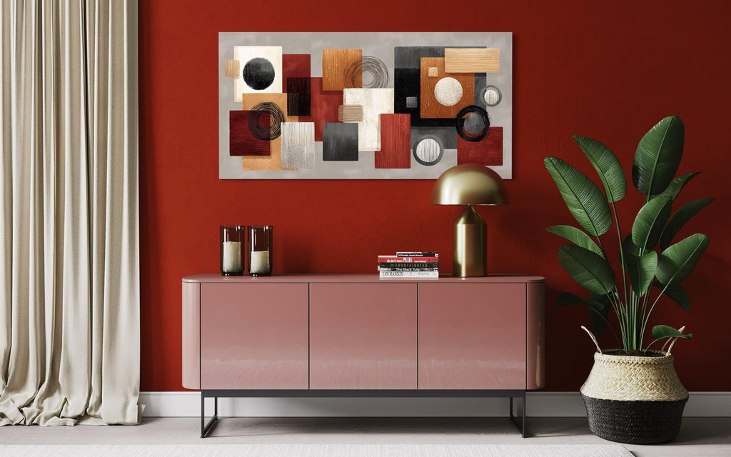 Modern Geometric Abstract  Red, Black, Beige and Orange Shapes Canvas Wall Art