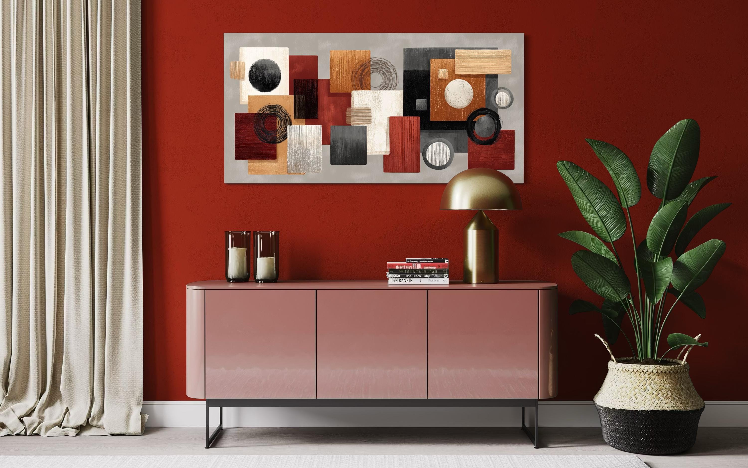 Modern Geometric Abstract  Red, Black, Beige and Orange Shapes Canvas Wall Art