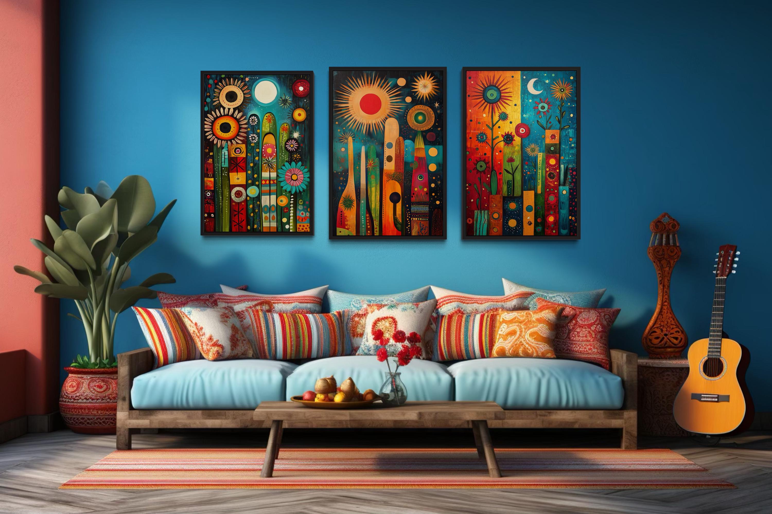 Modern Mexican Wall Art – Colorful Abstract Cactus Painting Set With Sun And Moon