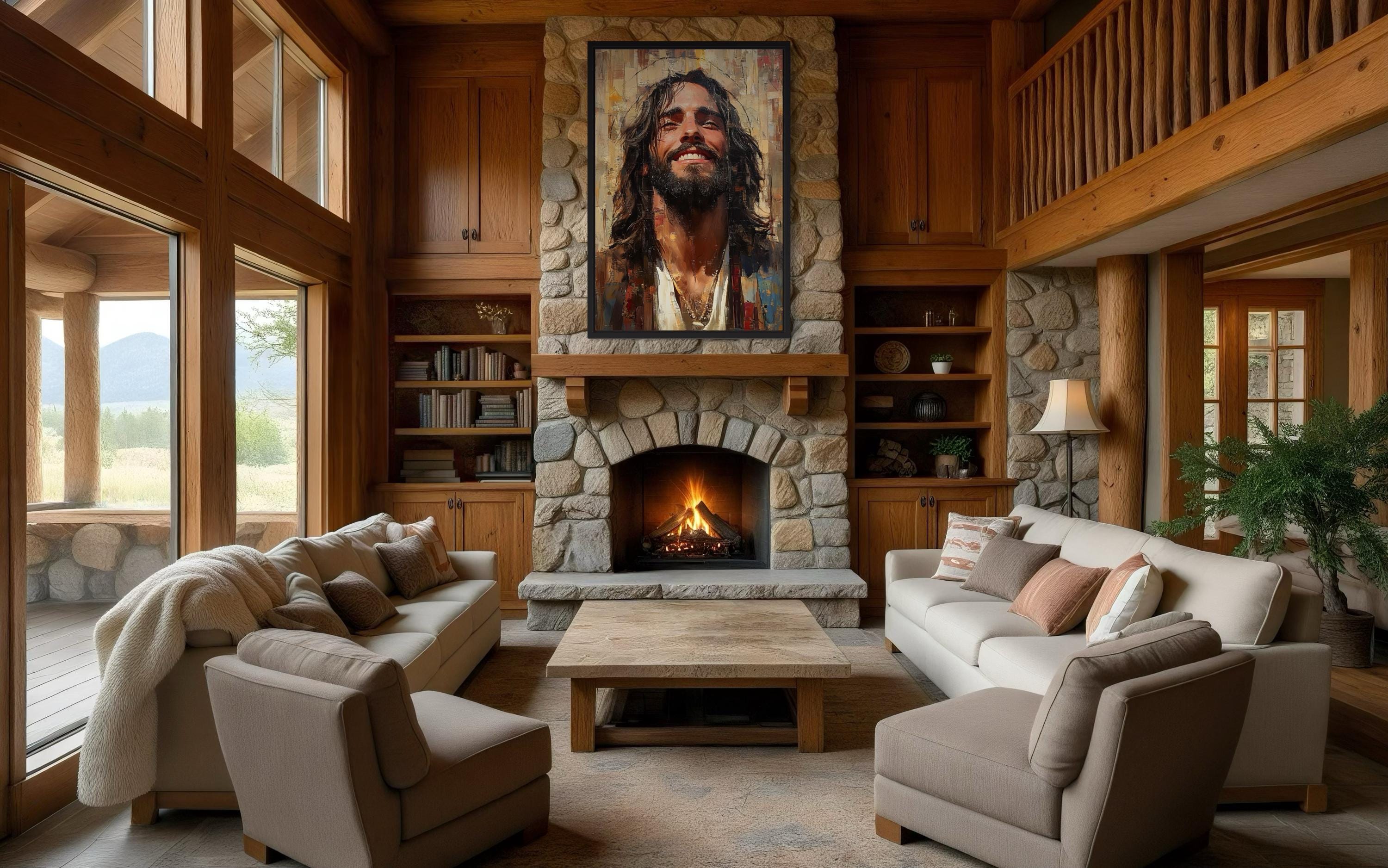 Modern Smiling Jesus Abstract Graffiti Framed Canvas Wall Art