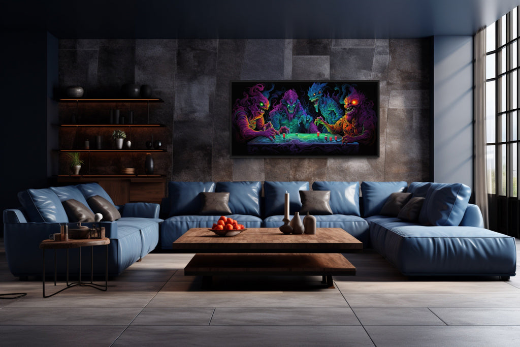 Monsters Playing Beer Pong Framed Canvas Wall Art For Man Cave Decor