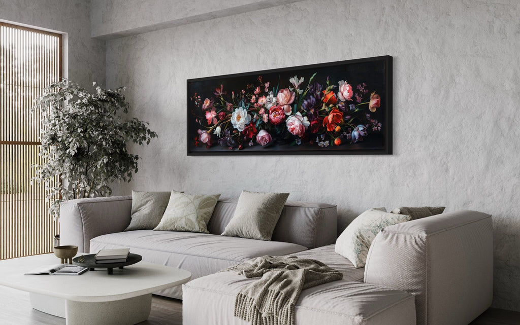 Moody Dark Flowers Antique Panoramic Above Couch Or Bed Wall Art