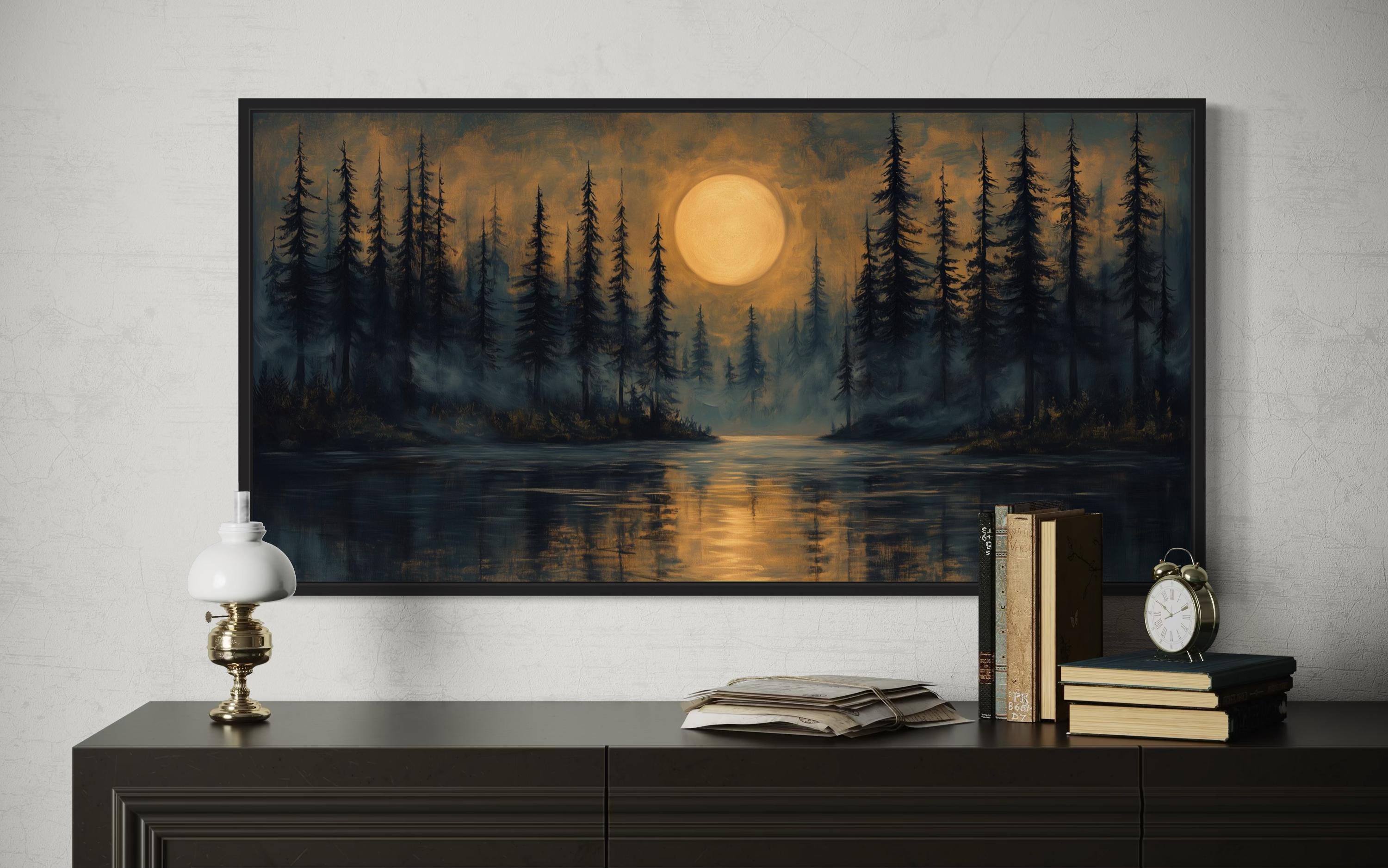 Moody Moon Over Pine Forest And Lake At Night Wall Art