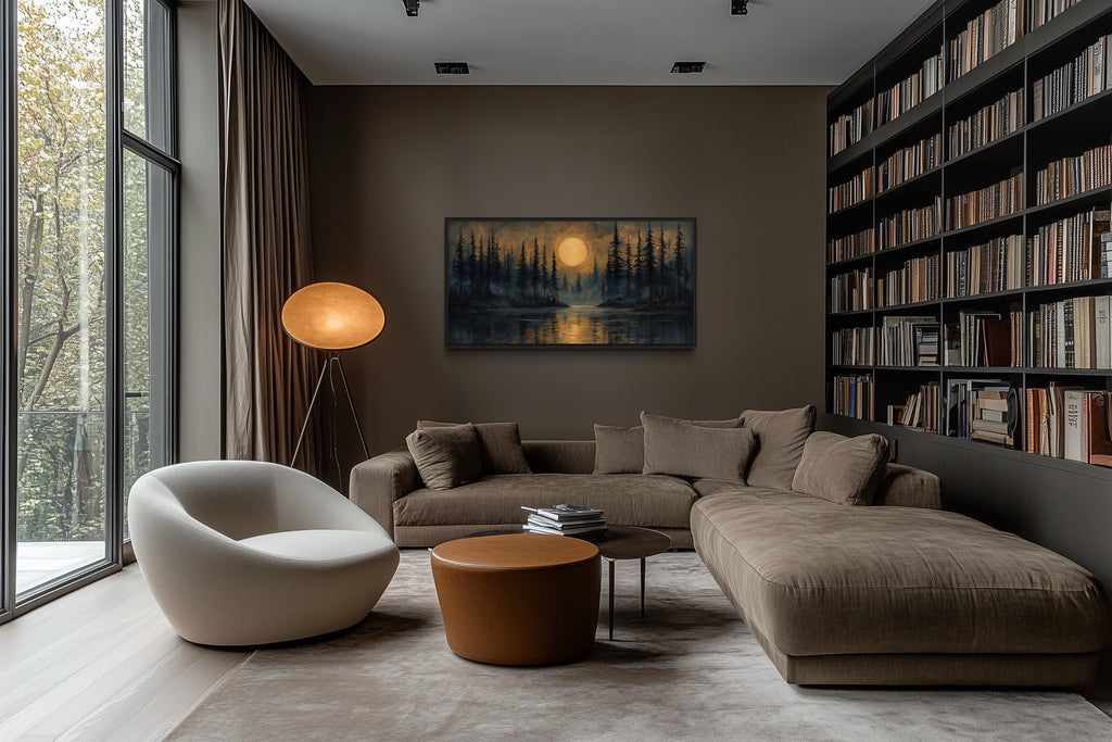 Moody Moon Over Pine Forest And Lake At Night Wall Art