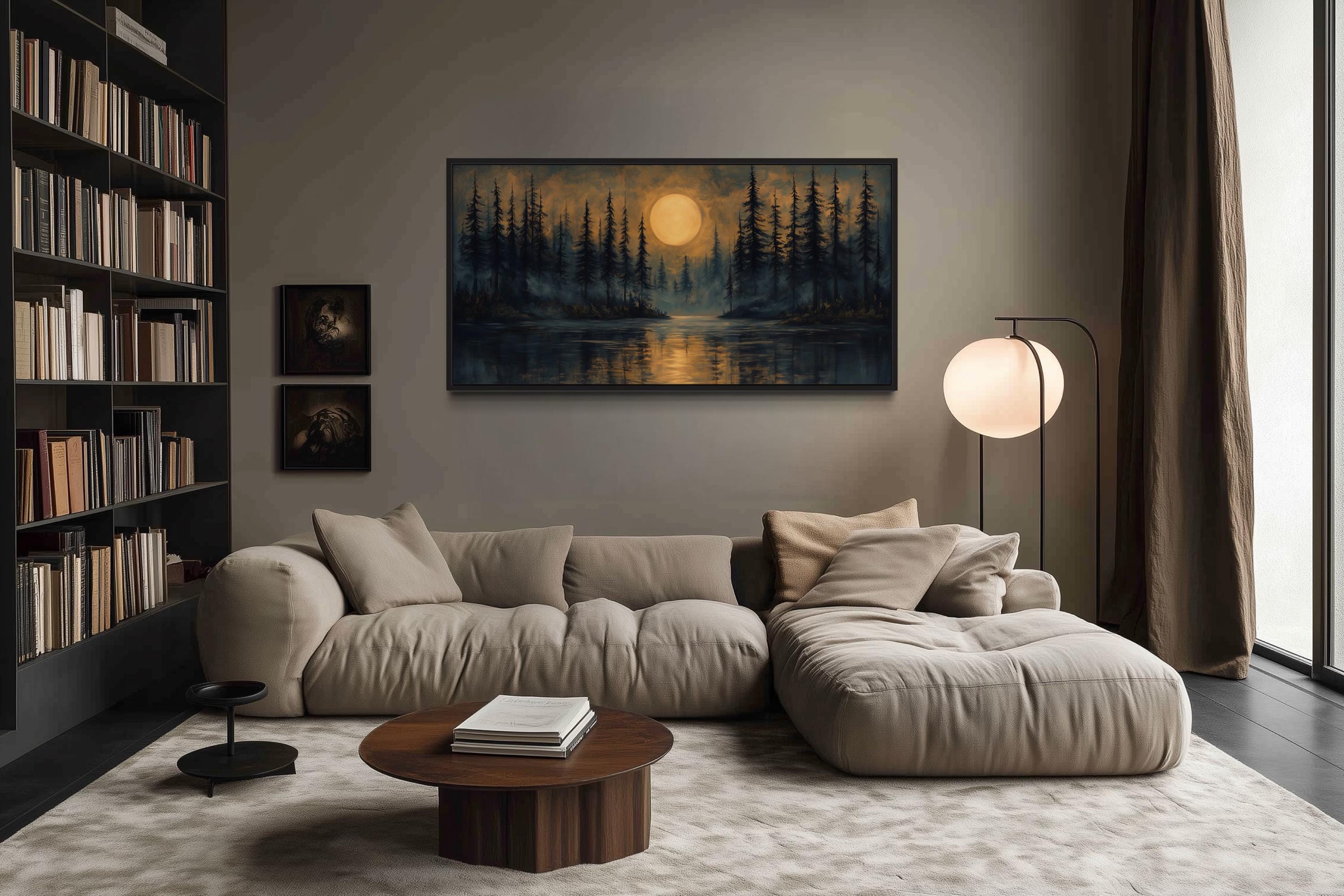 Moody Moon Over Pine Forest And Lake At Night Wall Art