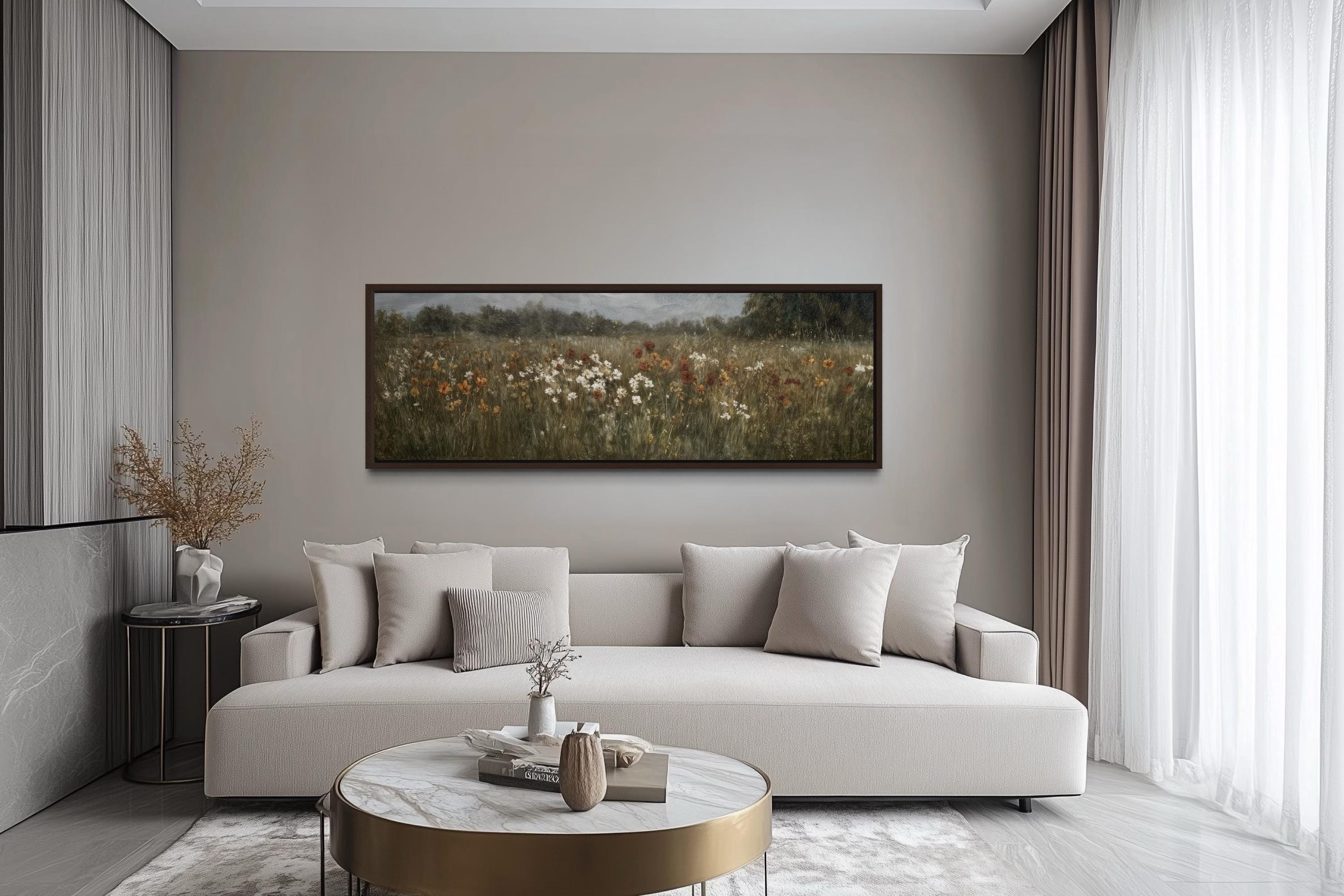 Moody Muted Wildflowers Field Long Horizontal Canvas Above Bed Wall Art