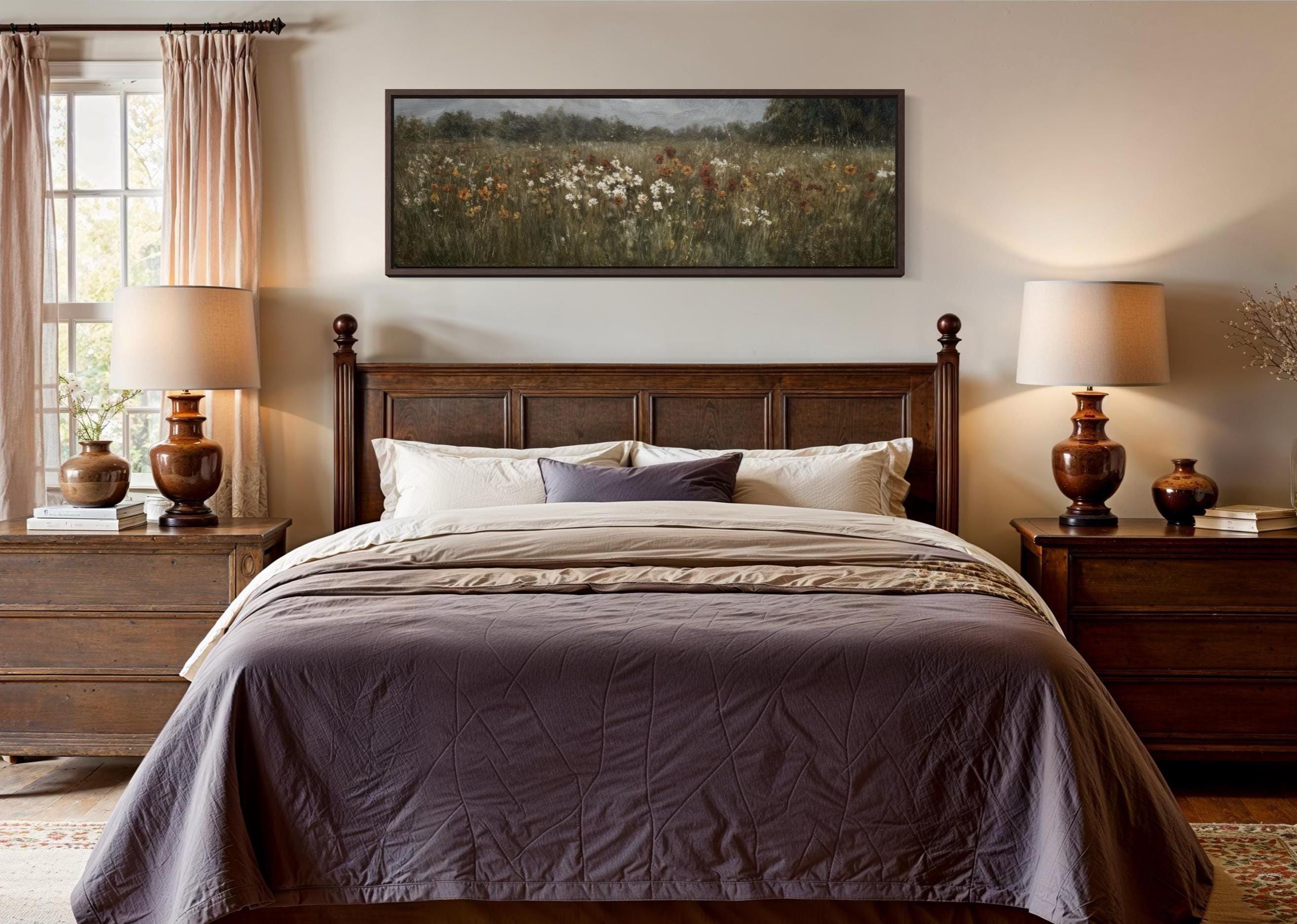 Moody Muted Wildflowers Field Long Horizontal Canvas Above Bed Wall Art