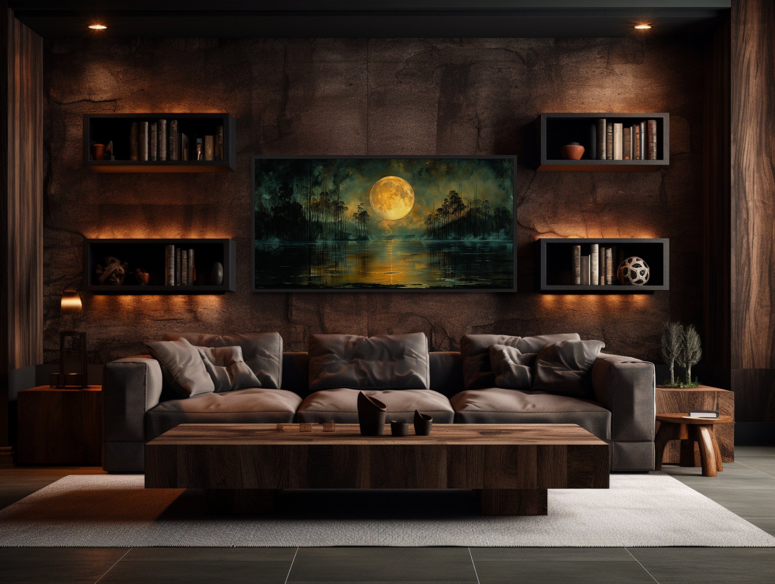 Moody Night Lake Art – Gothic Wall Decor | Full Yellow Moon Canvas Print