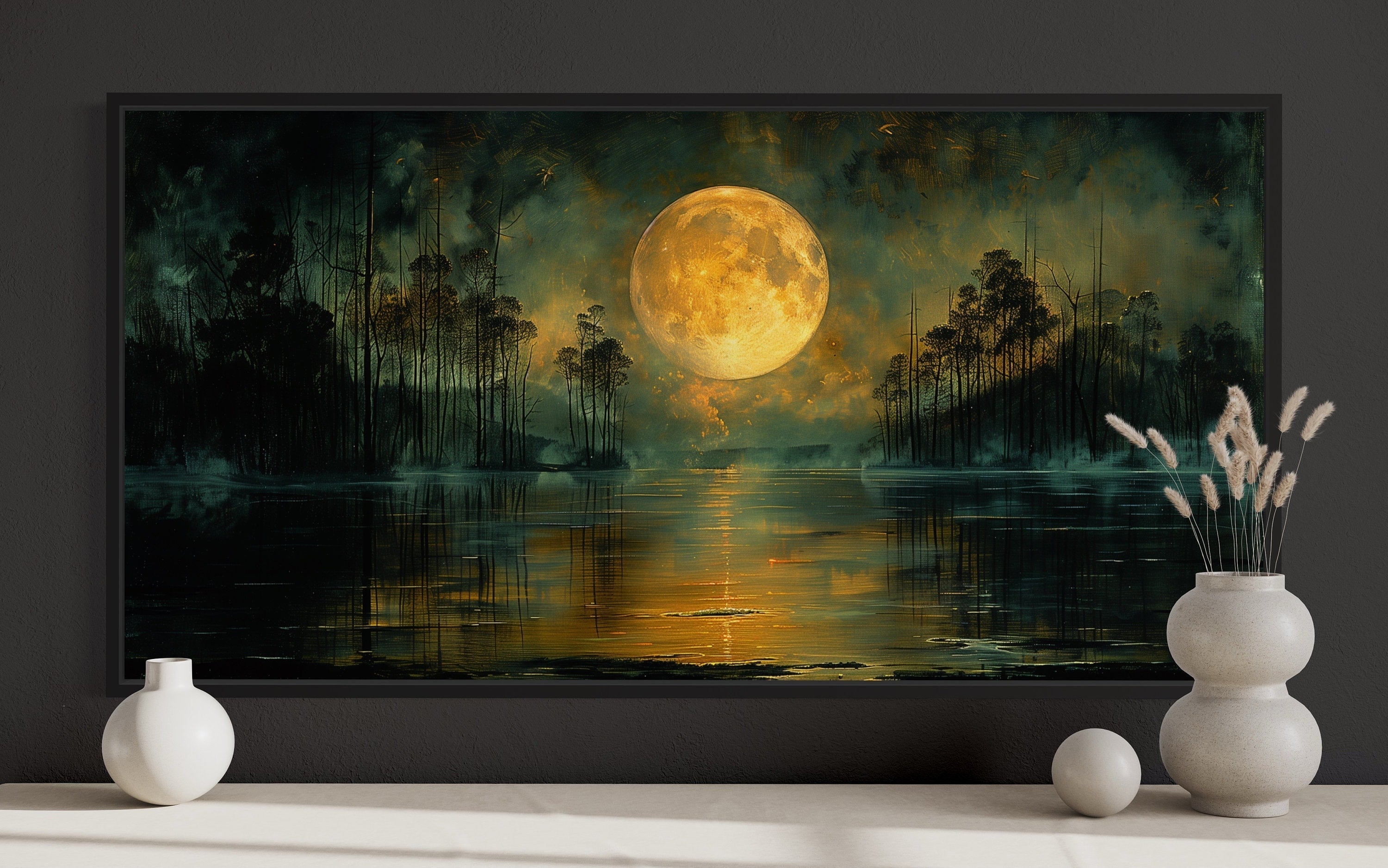Moody Night Lake Art – Gothic Wall Decor | Full Yellow Moon Canvas Print