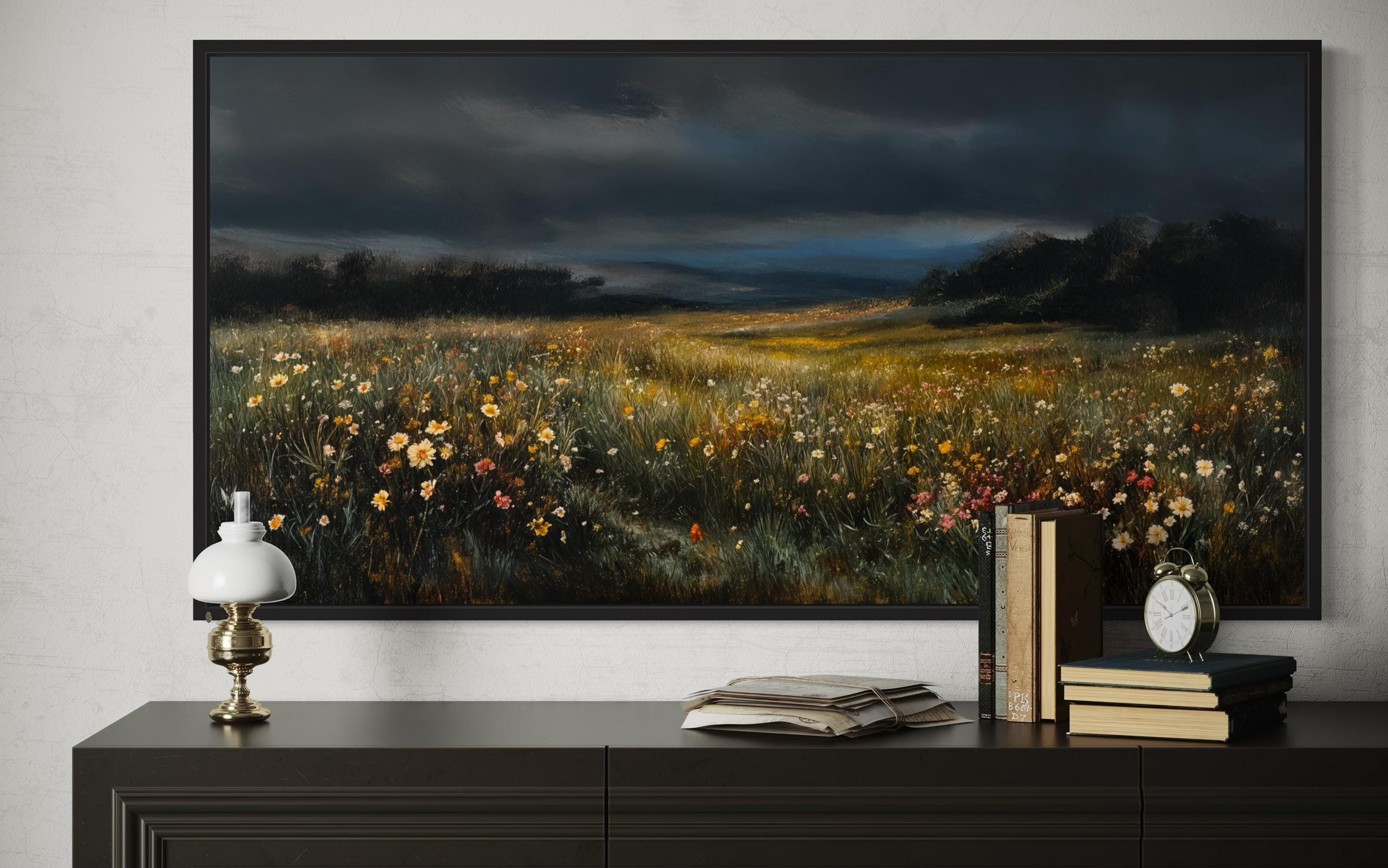 Moody Wildflowers At Night Canvas Wall Art