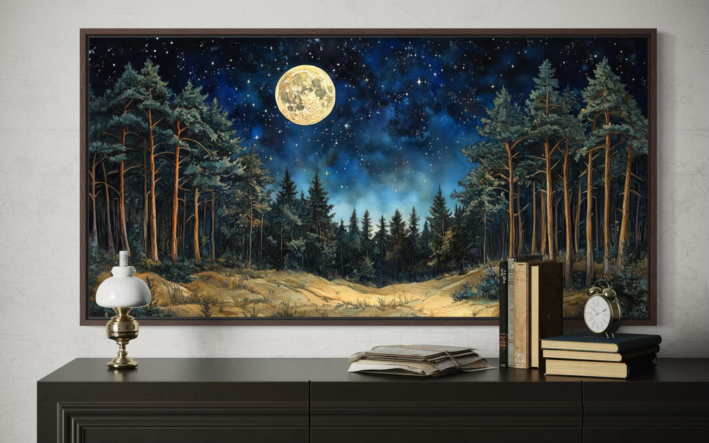 Moonlit Pine Trees Forest Wall Art with Full Moon and Starry Sky For Cabin Decor
