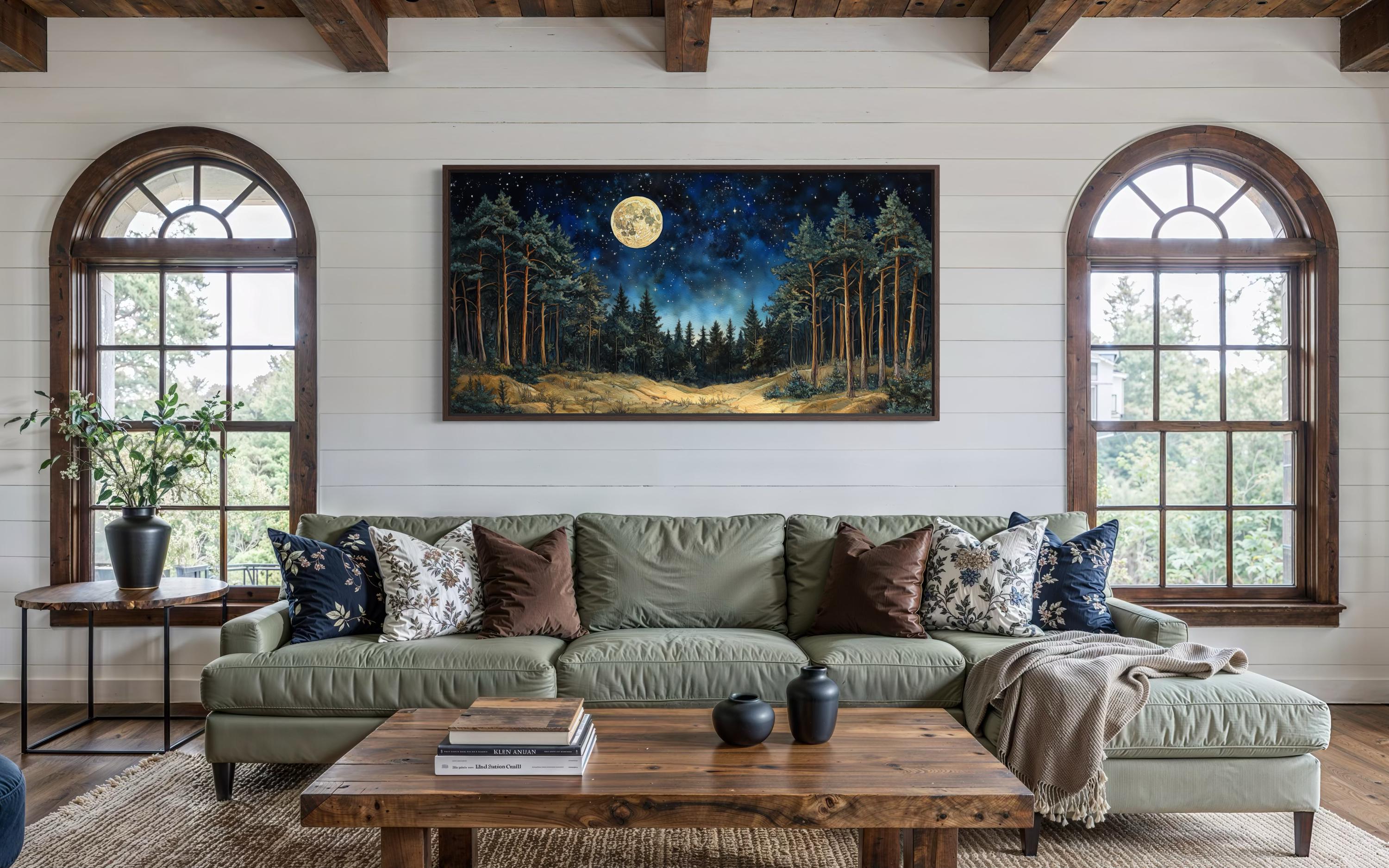Moonlit Pine Trees Forest Wall Art with Full Moon and Starry Sky For Cabin Decor