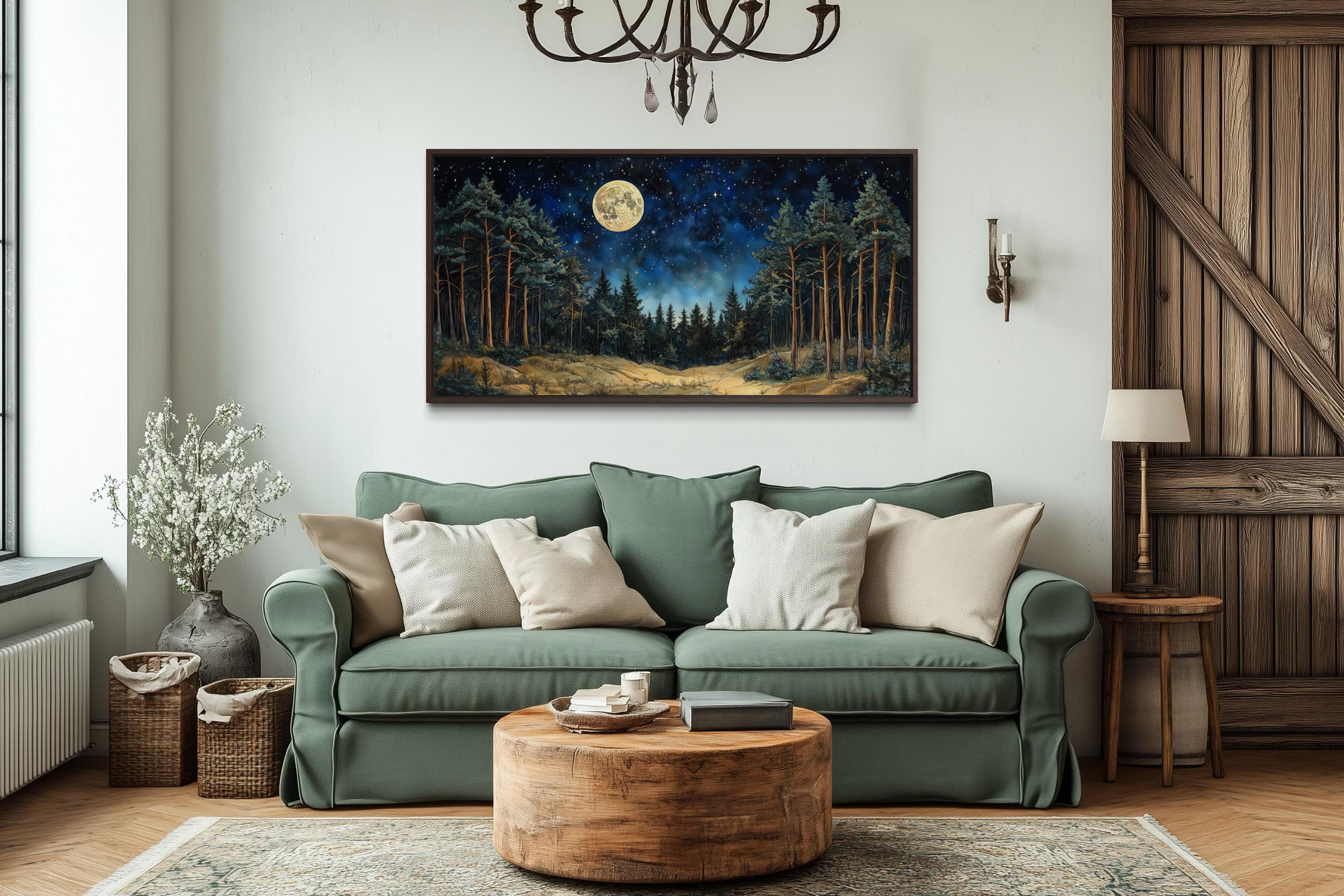 Moonlit Pine Trees Forest Wall Art with Full Moon and Starry Sky For Cabin Decor
