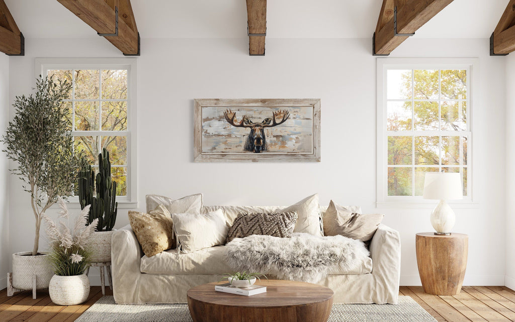 Moose Cabin Wall Art – Rustic Wood Painting on Extra Large Framed Canvas