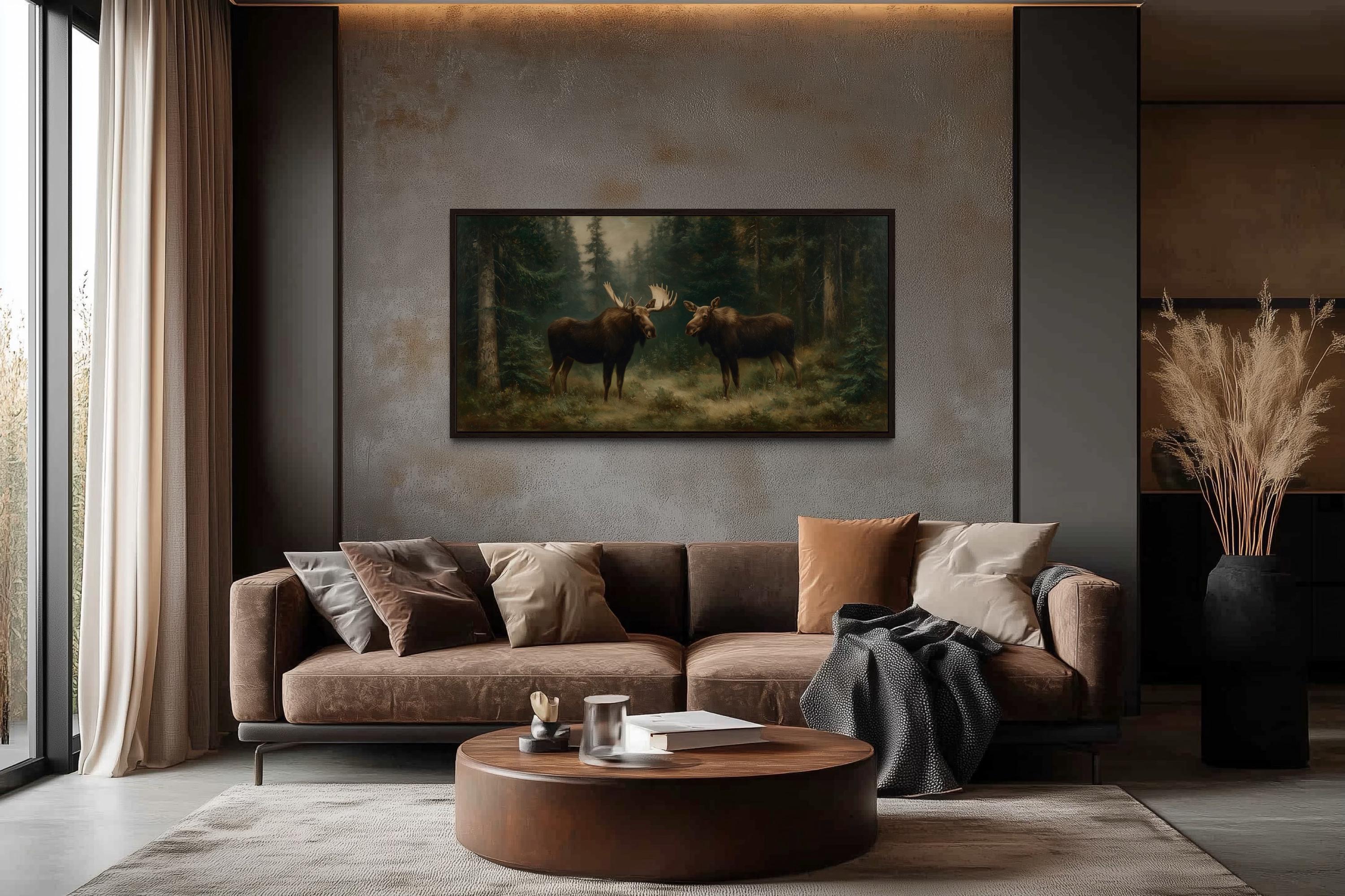 Moose Couple Framed Canvas Wall Art For Cabin Decor