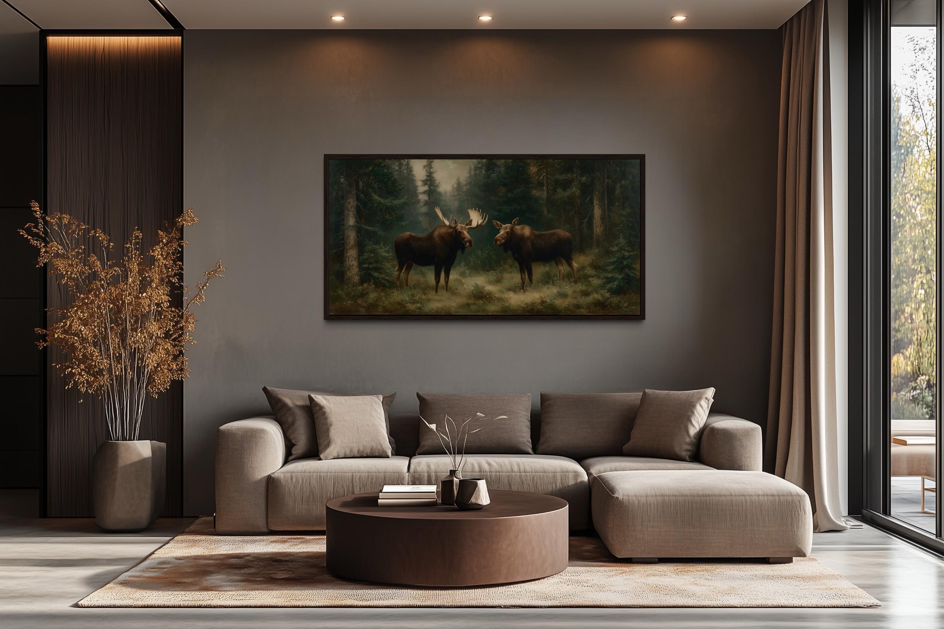 Moose Couple Framed Canvas Wall Art For Cabin Decor