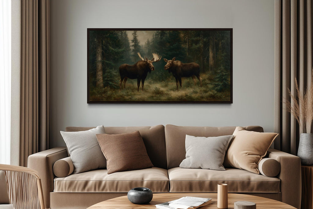 Moose Couple Framed Canvas Wall Art For Cabin Decor