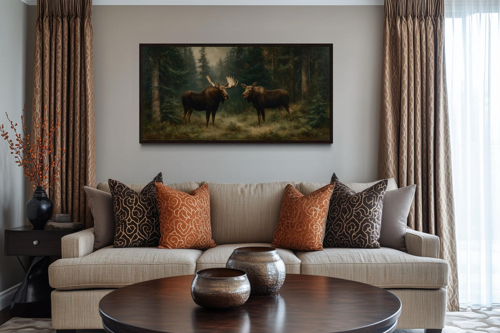 Moose Couple Framed Canvas Wall Art For Cabin Decor