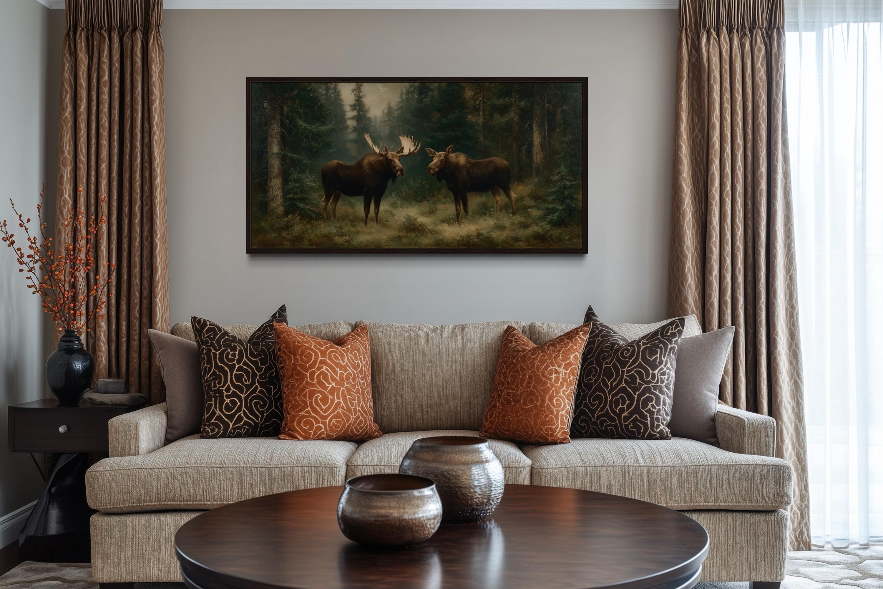 Moose Couple Framed Canvas Wall Art For Cabin Decor