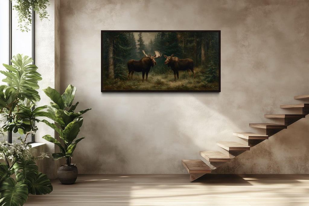 Moose Couple Framed Canvas Wall Art For Cabin Decor