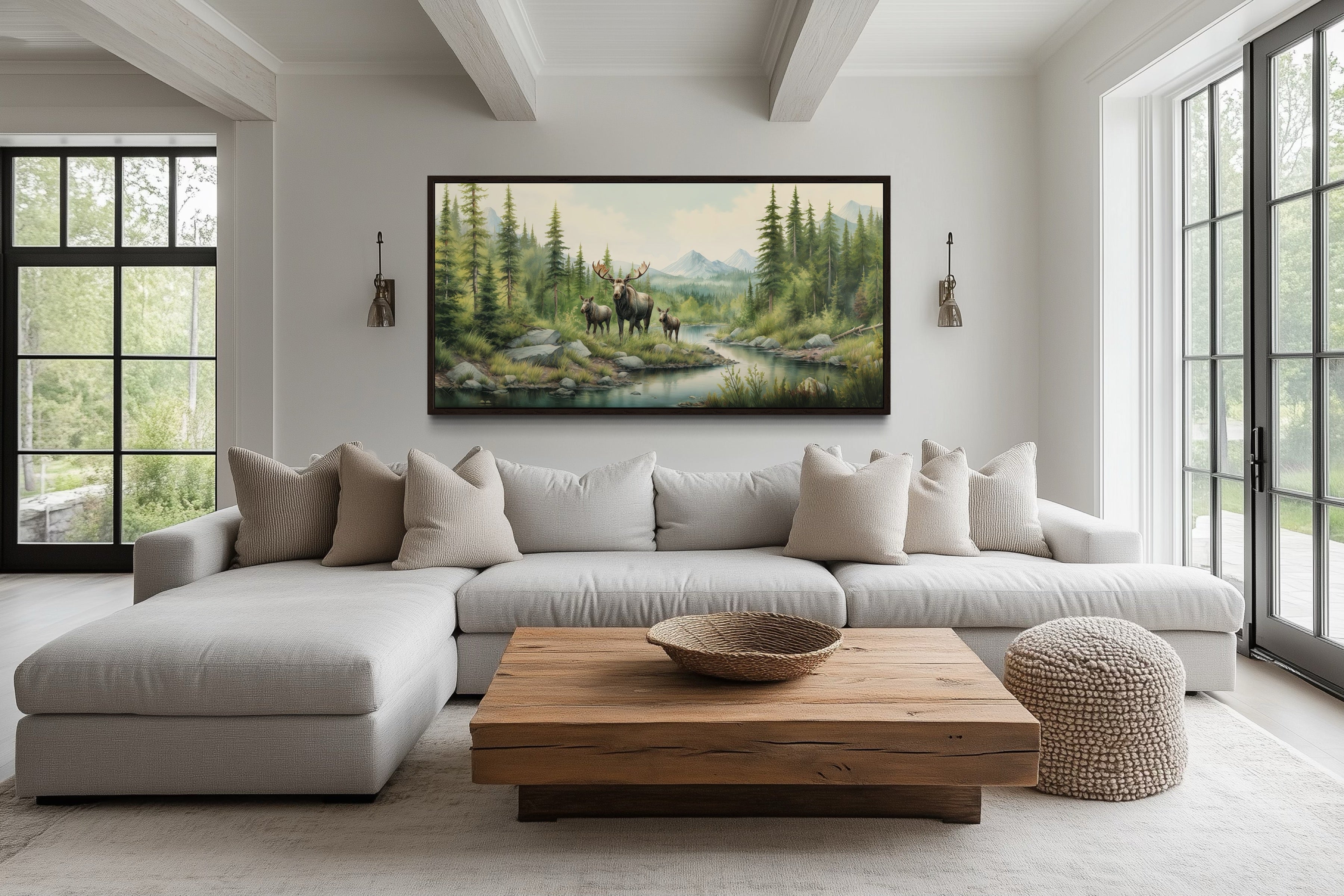 Moose Family With Cubs In The Forest Framed Canvas Wall Art