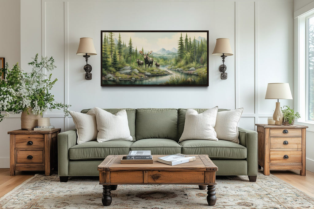 Moose Family With Cubs In The Forest Framed Canvas Wall Art