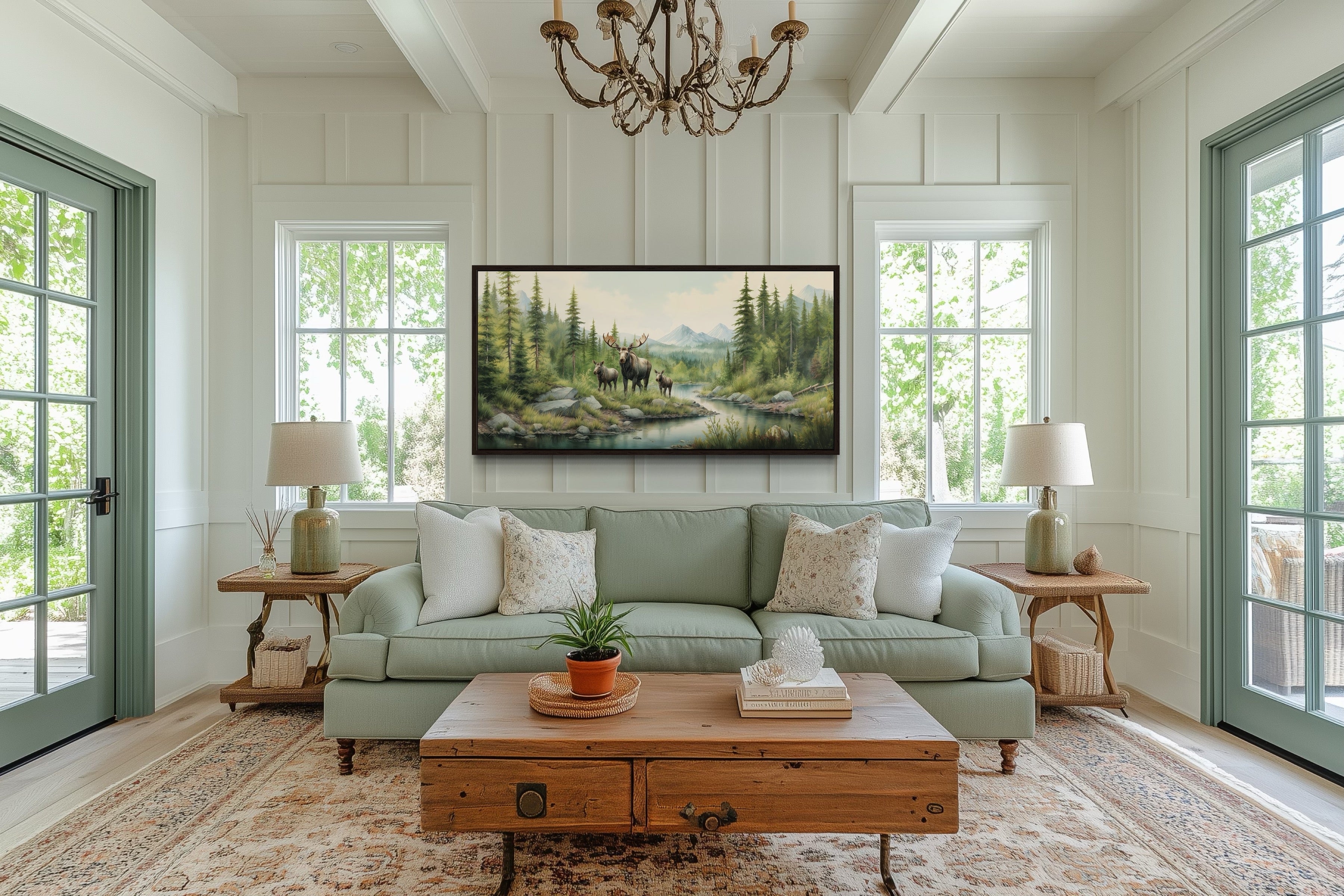 Moose Family With Cubs In The Forest Framed Canvas Wall Art
