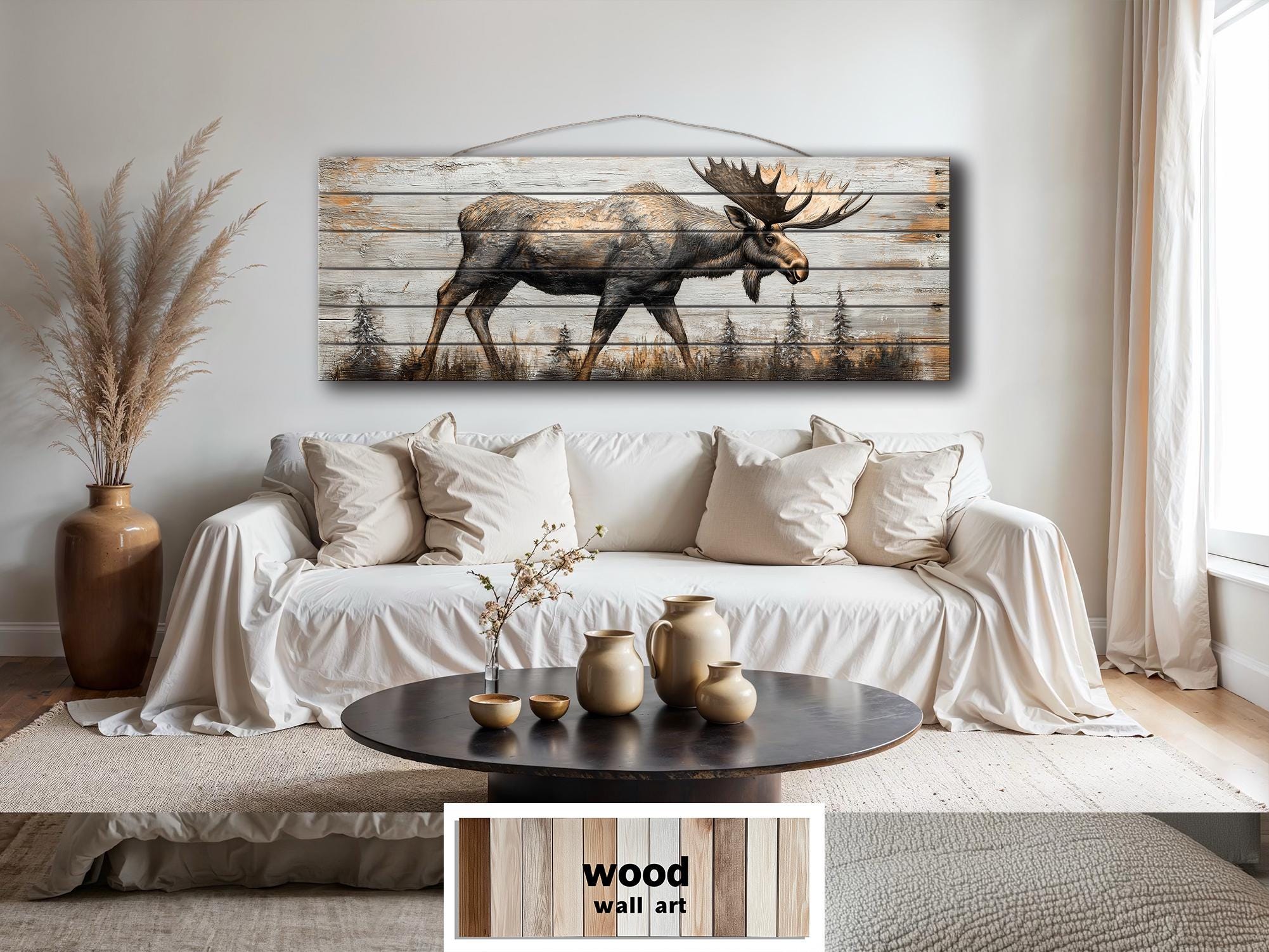 Moose In The Forest Real Wood Long Horizontal Rustic Wall Art  For Cabin Decor
