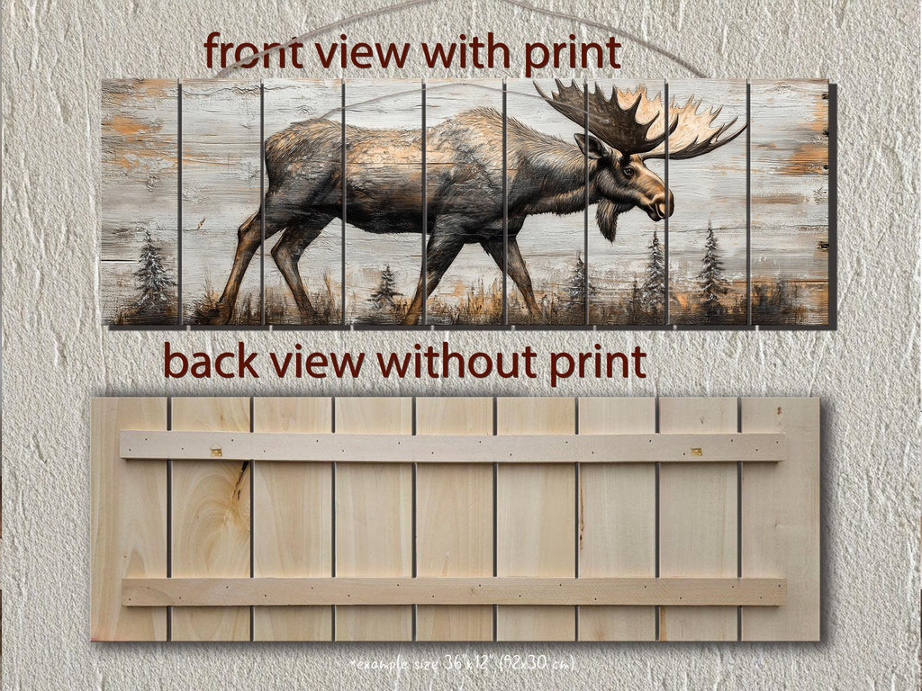 Moose In The Forest Real Wood Long Horizontal Rustic Wall Art  For Cabin Decor