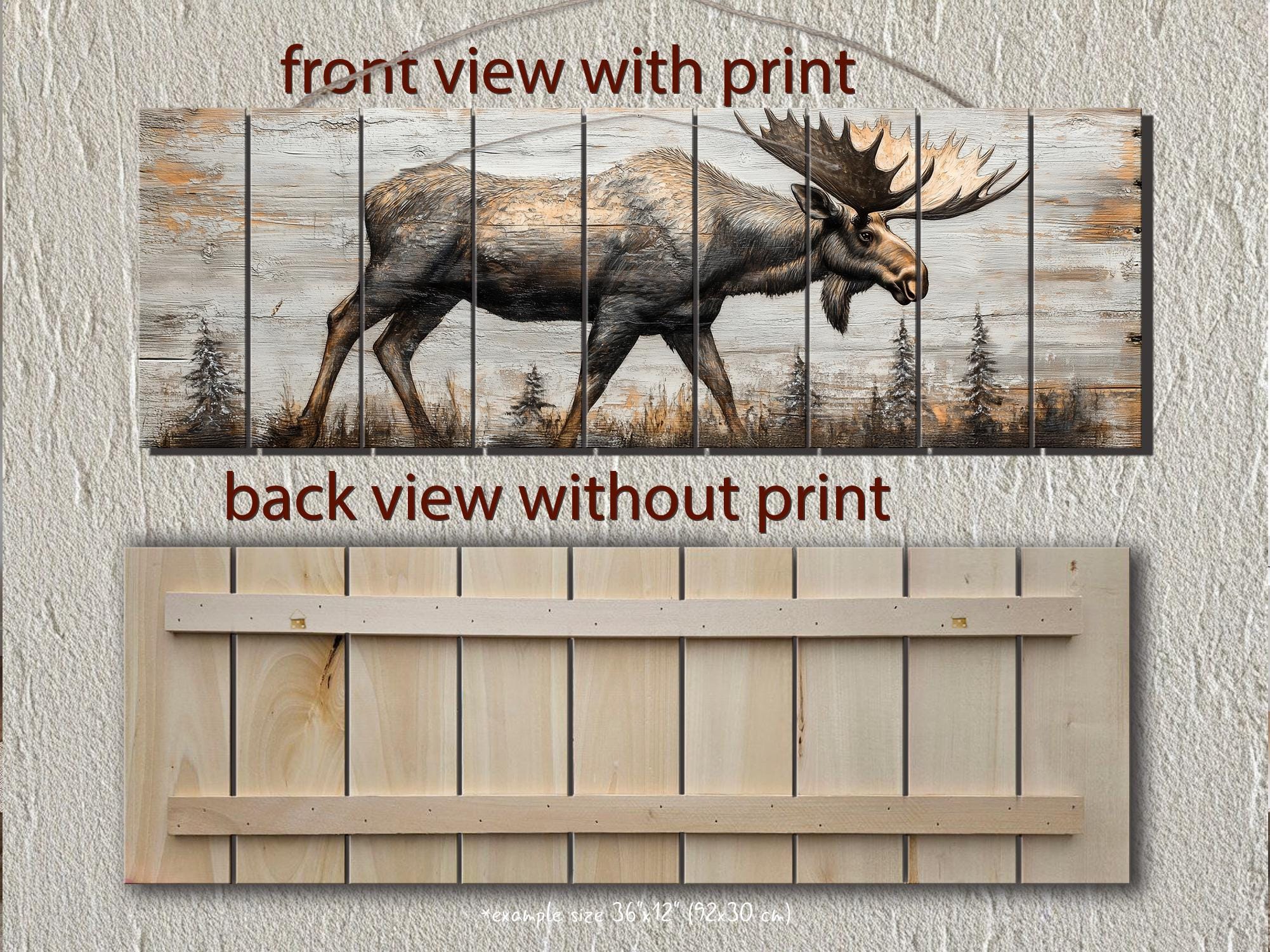 Moose In The Forest Real Wood Long Horizontal Rustic Wall Art  For Cabin Decor
