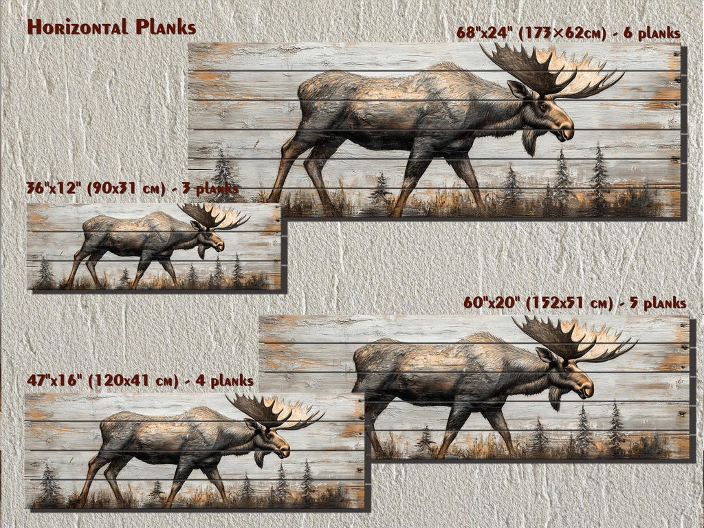 Moose In The Forest Real Wood Long Horizontal Rustic Wall Art  For Cabin Decor