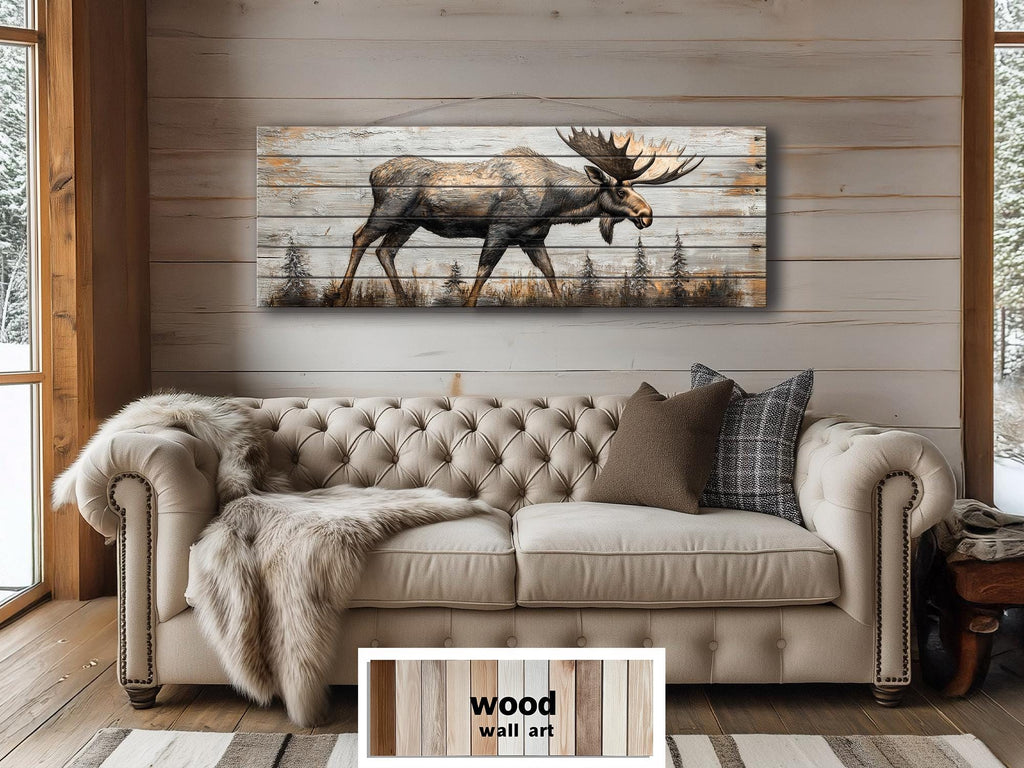 Moose In The Forest Real Wood Long Horizontal Rustic Wall Art  For Cabin Decor