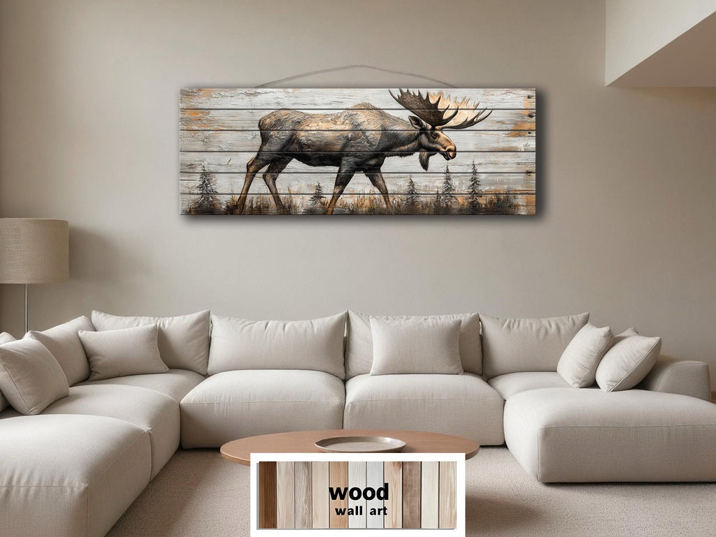 Moose In The Forest Real Wood Long Horizontal Rustic Wall Art  For Cabin Decor