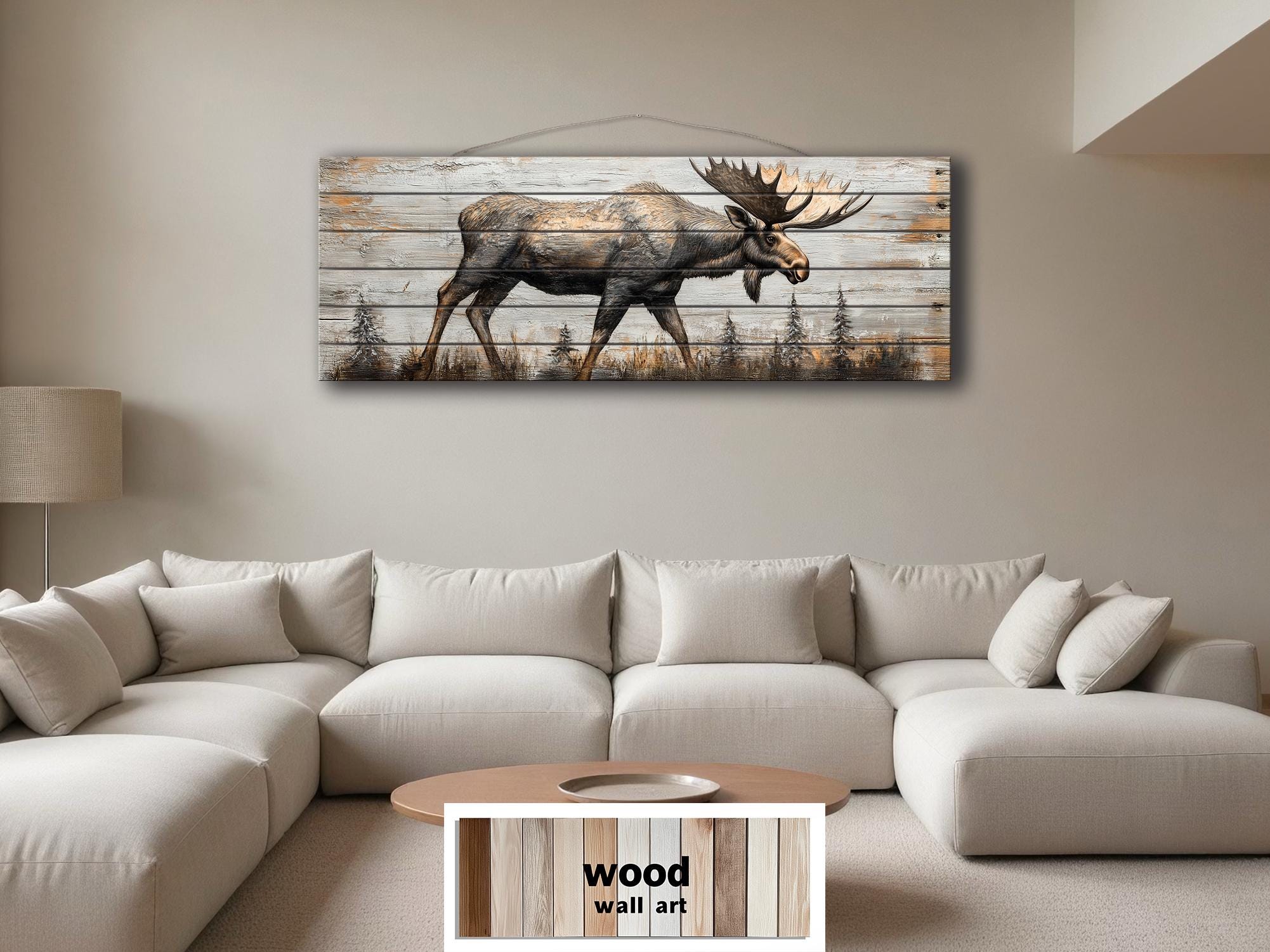 Moose In The Forest Real Wood Long Horizontal Rustic Wall Art  For Cabin Decor
