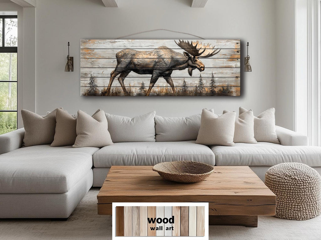 Moose In The Forest Real Wood Long Horizontal Rustic Wall Art  For Cabin Decor