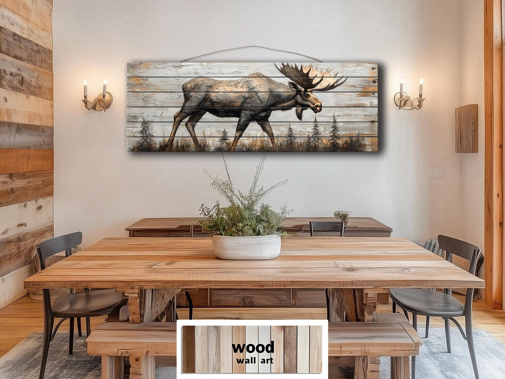 Moose In The Forest Real Wood Long Horizontal Rustic Wall Art  For Cabin Decor