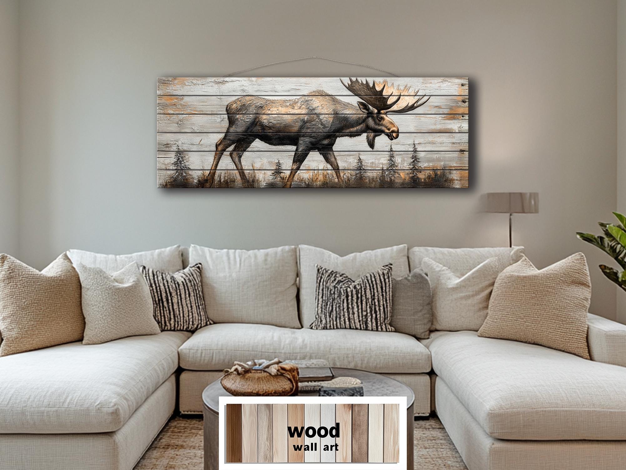 Moose In The Forest Real Wood Long Horizontal Rustic Wall Art  For Cabin Decor