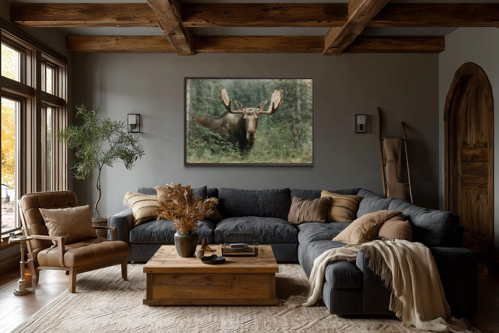 Moose In The Forest Wall Art – Rustic Wildlife Painting on Canvas for Cabin Lodge Decor