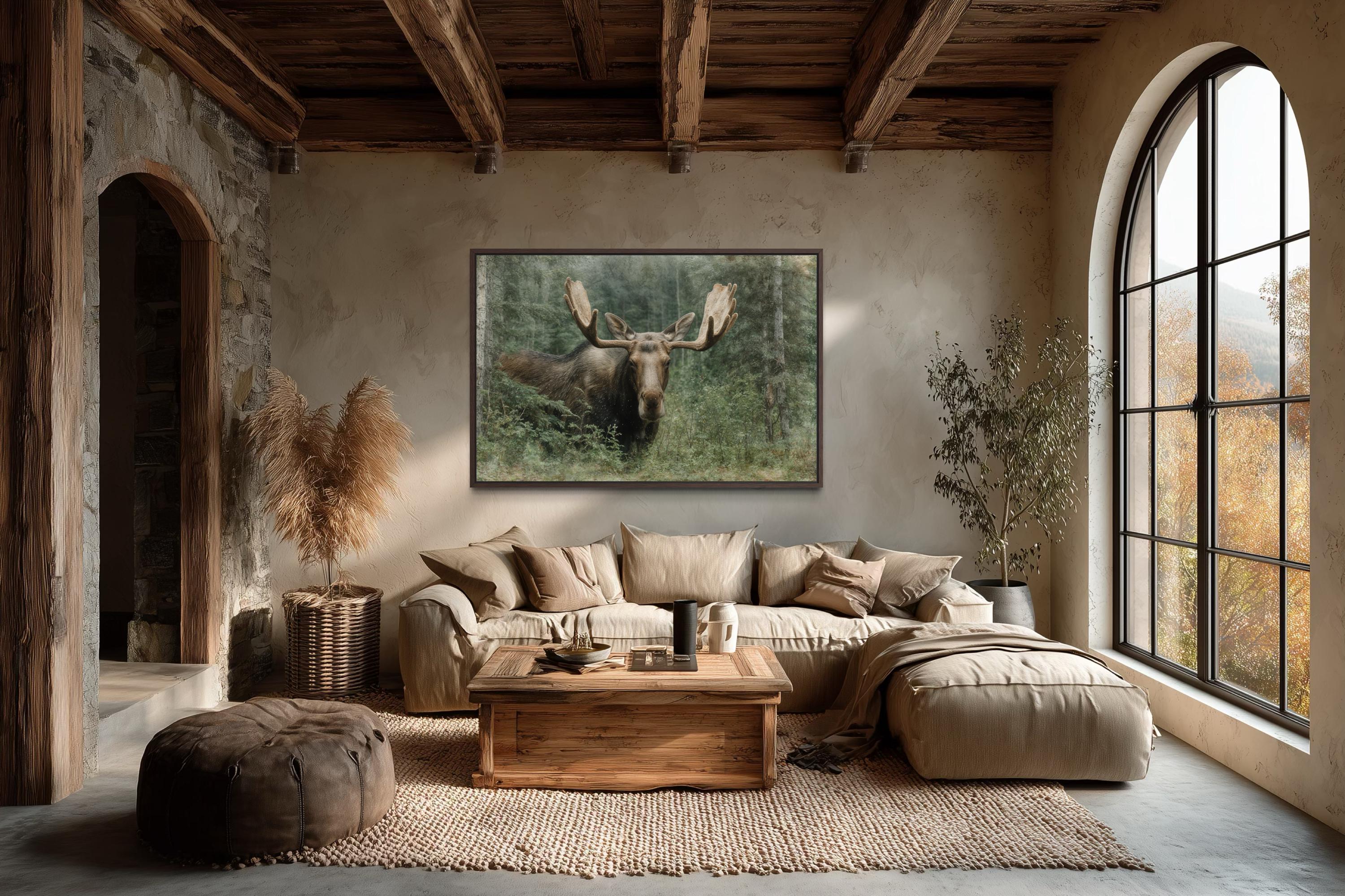 Moose In The Forest Wall Art – Rustic Wildlife Painting on Canvas for Cabin Lodge Decor