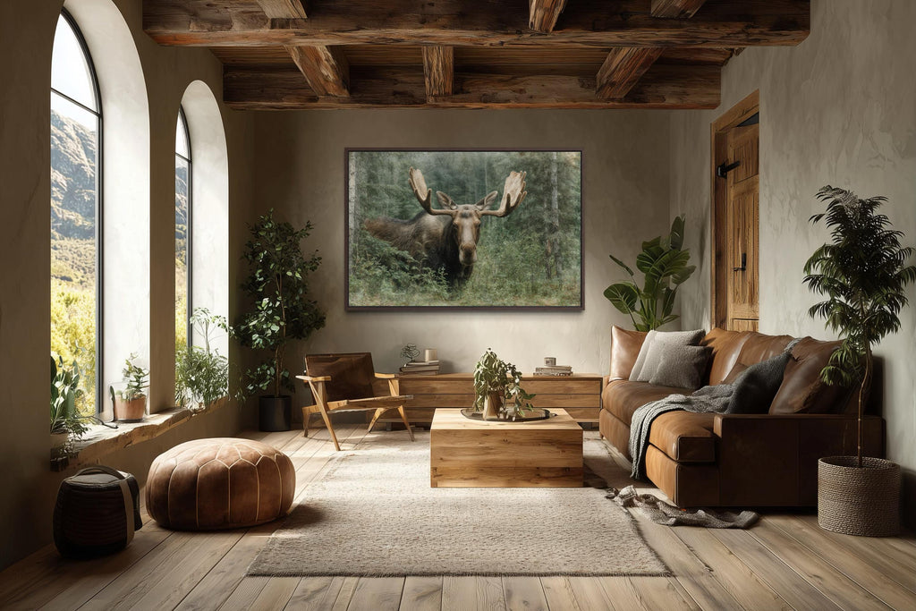 Moose In The Forest Wall Art – Rustic Wildlife Painting on Canvas for Cabin Lodge Decor
