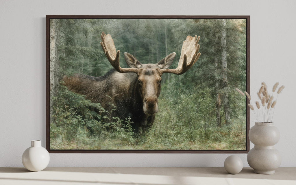 Moose In The Forest Wall Art – Rustic Wildlife Painting on Canvas for Cabin Lodge Decor