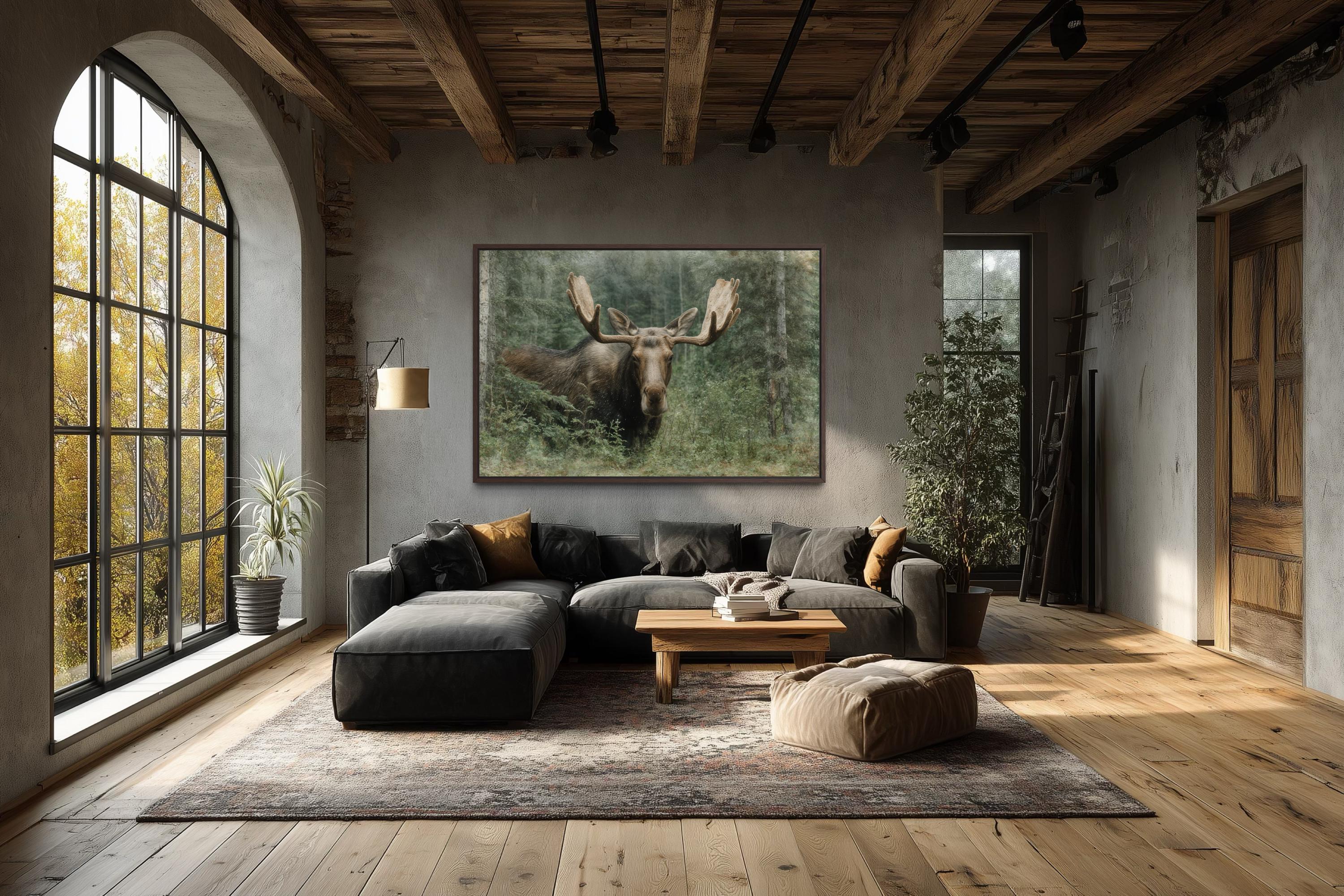 Moose In The Forest Wall Art – Rustic Wildlife Painting on Canvas for Cabin Lodge Decor