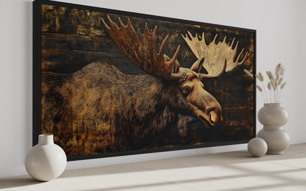 Moose Painted on Dark Wood Framed Canvas Wall Art