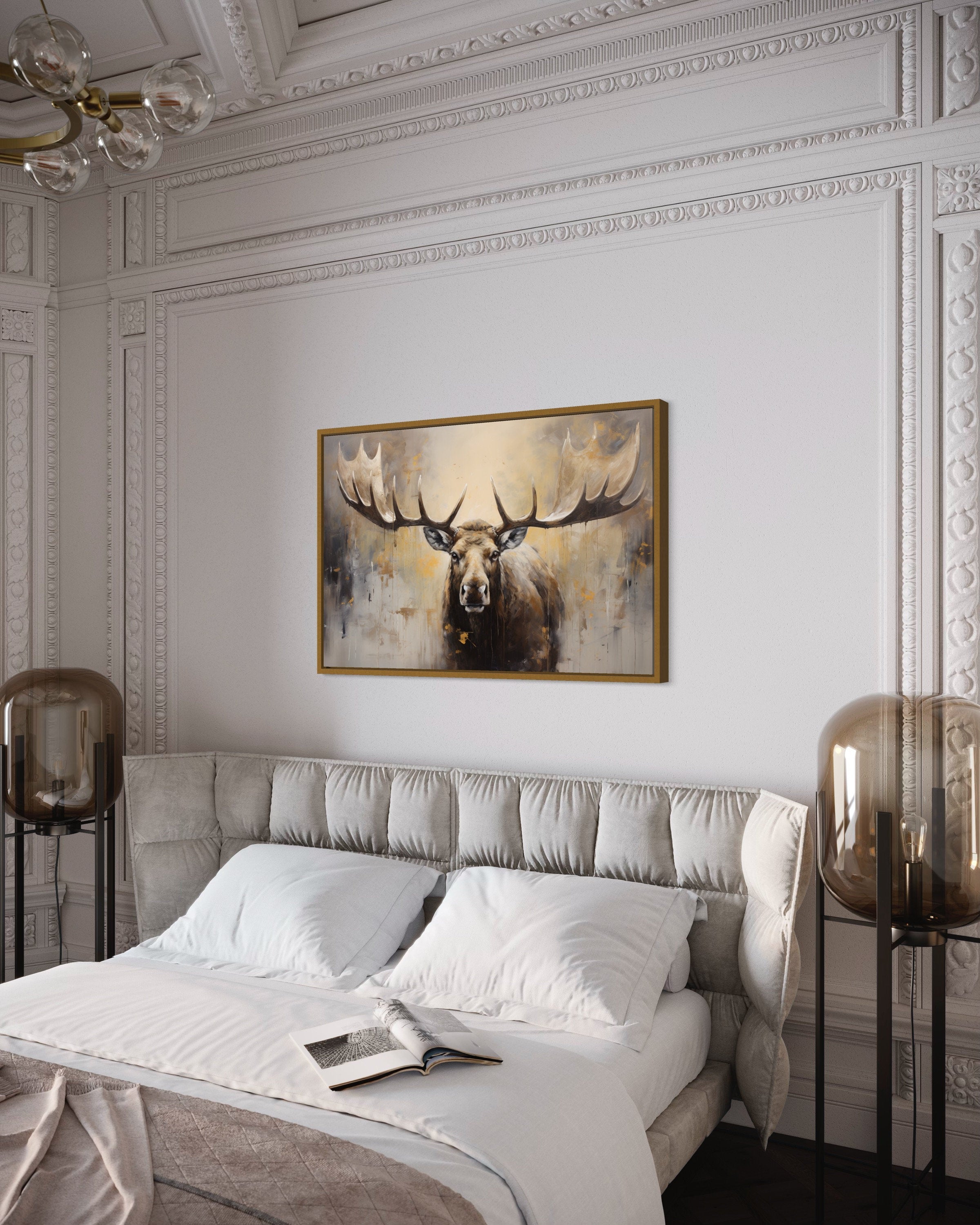 Moose Painting Neutral Beige Cabin Decor Framed Canvas Wall Art