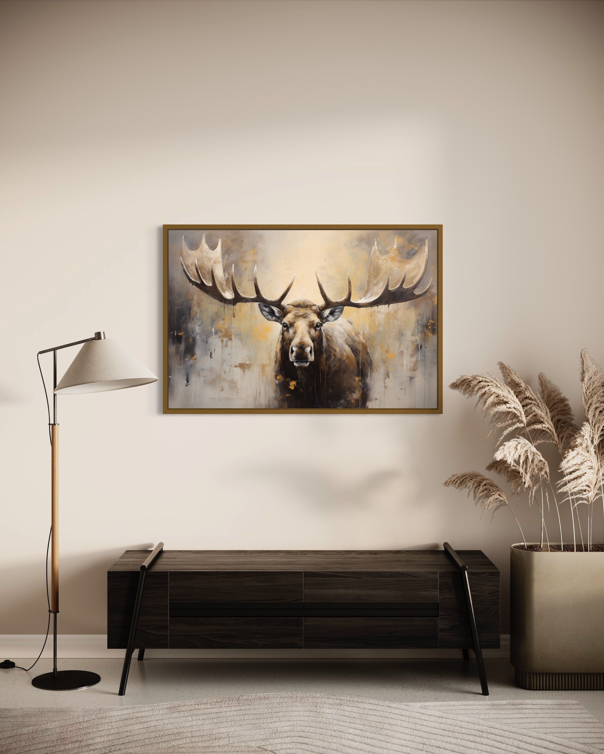 Moose Painting Neutral Beige Cabin Decor Framed Canvas Wall Art