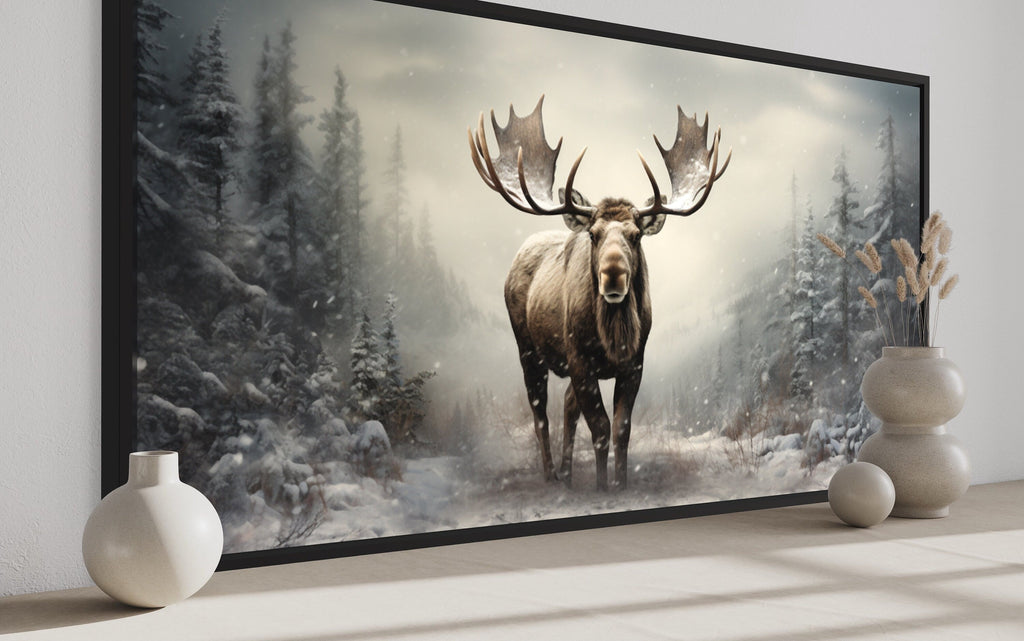 Moose Wall Art – Framed Canvas Print | Rustic Winter Forest Cabin Decor