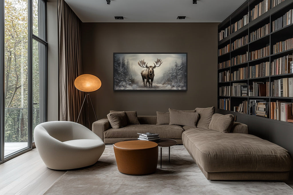 Moose Wall Art – Framed Canvas Print | Rustic Winter Forest Cabin Decor