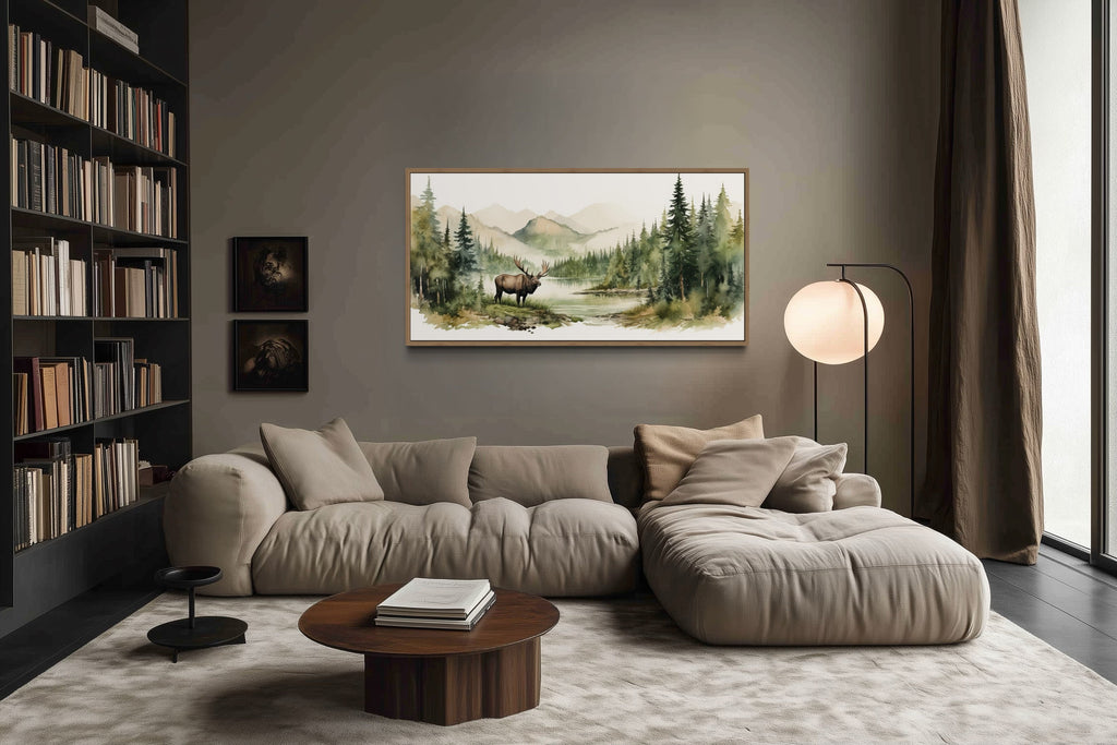 Moose Wall Art - Framed Canvas Print | Serene Mountain Landscape Wildlife Decor